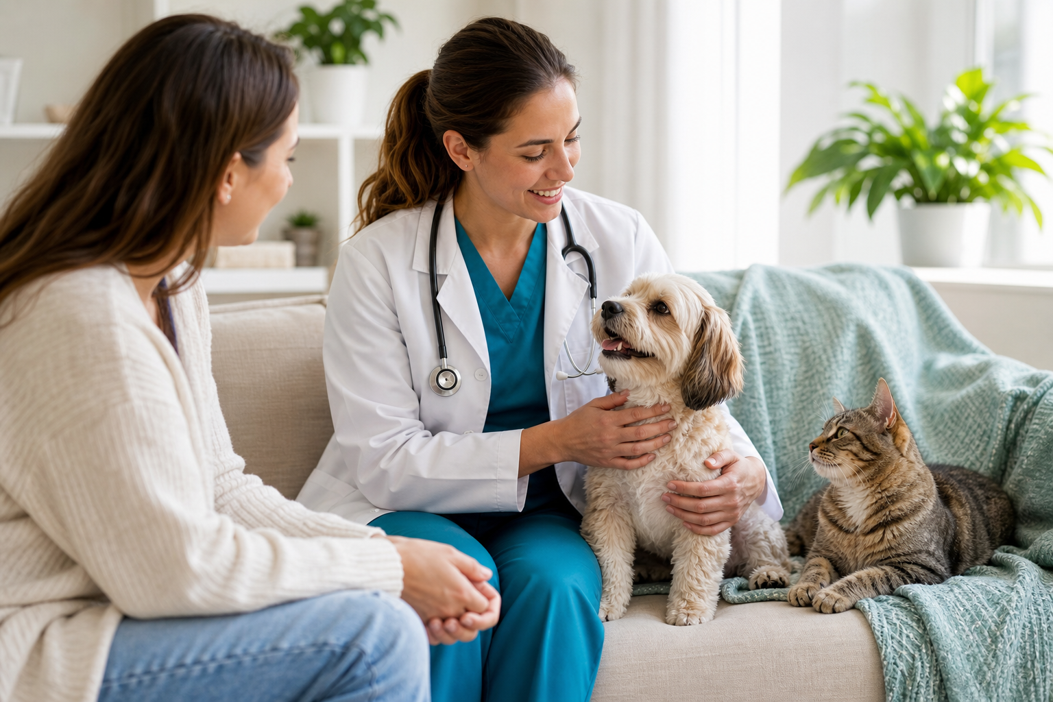 A veterinarian gently checking a pet during a home wellness visit