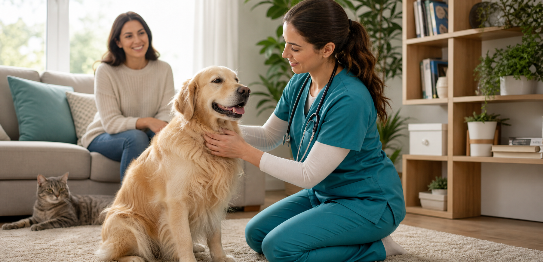 A veterinarian providing calm at-home care to a dog with a cat nearby